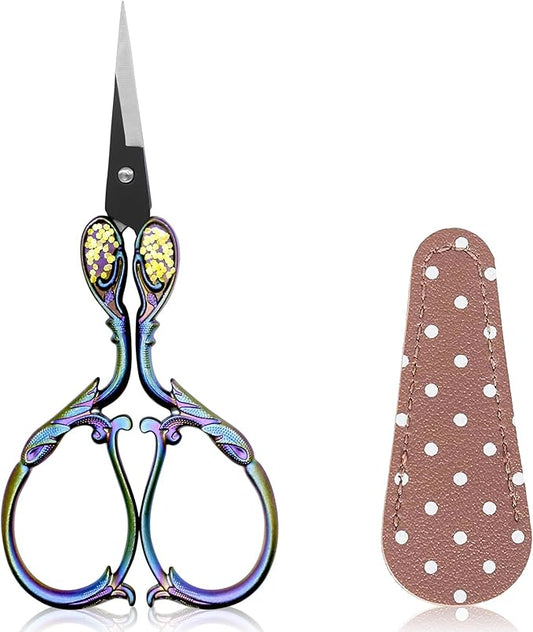 BIHRTC Small Embroidery Scissors 4.5 Inch with Artificial Leather Cover Stainless Steel Shears Mini Rainbow Flower Scissors for Handicraft DIY Tool Crafting Cross Stitch Handcraft