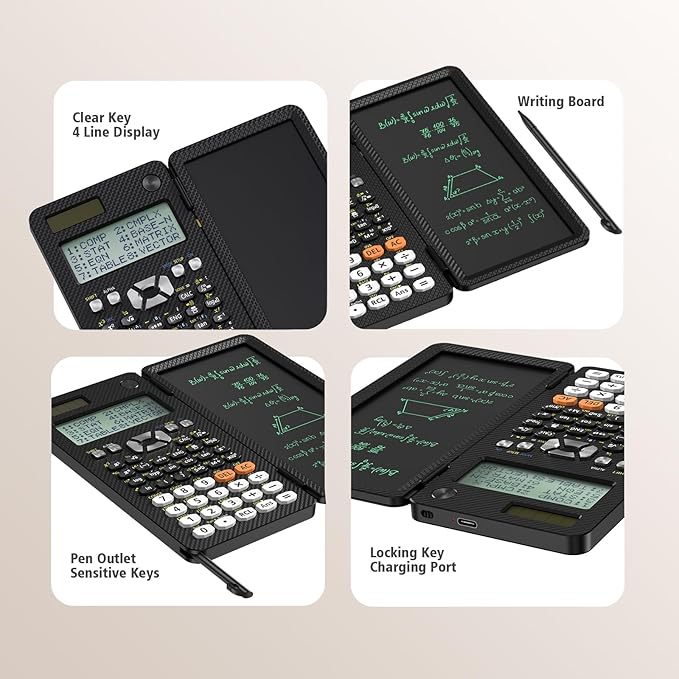 NEWYES Rechargeable Scientific Calculators 991ES MAX, 417 Functions, Writing Pad, Foldable Hard Case, 4-Line Written Display Advanced Calculators for Students School Engineering, Dual Power, Black