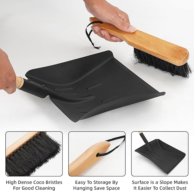 Permade Fireplace Ash Shovel and Brush Set, Coal Shovel and Hearth Brush Set, Fireplace Tools Set Indoor Outdoor Rust Resistant Made of Natural Wood & Coco Bristles for Easy Cleaning