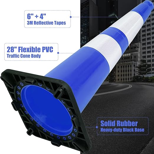 Fluorescent Orange/Green PVC Traffic Cones, Heavy Black Base Parking Lot Cone Structurally Stable Weatherproof Road Construction Safety Cones (4, Blue, 28" Large)