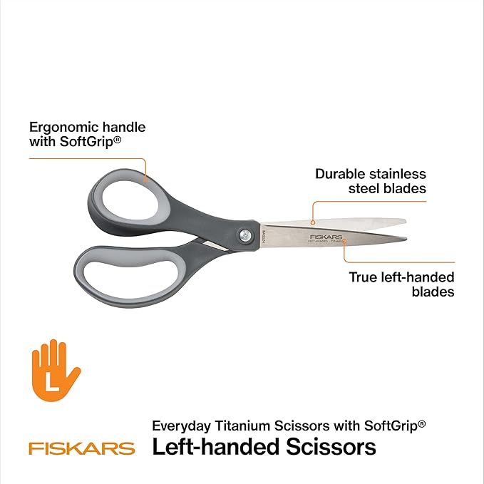 Fiskars 8” Left-Handed Titanium Scissors, SoftGrip Handle for Comfort, Durable Stainless Steel Blades for Home and Office Use
