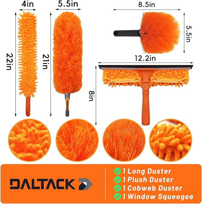 DALTACK 20 Foot High Dusters Kit for Cleaning with 3-12 Foot Heavy Duty Extension Pole, Extendable Reusable Cobweb, Feather, Ceiling Fan Cleaner Duster, Window Squeegee Kit