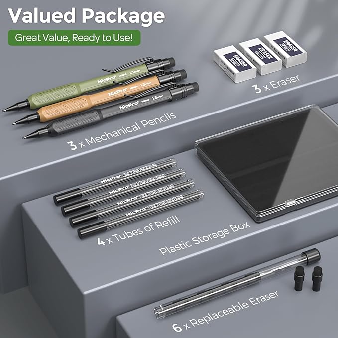 Nicpro 3 PCS 1.3 mm Mechanical Pencils Set 3 Colors with 51 Lead Refill, 3 Eraser - Weatherproof Barrel Pencil, Heavy Duty Carpenter Pencil HD1000 for Outdoor Marking Drafting Drawing Woodworking