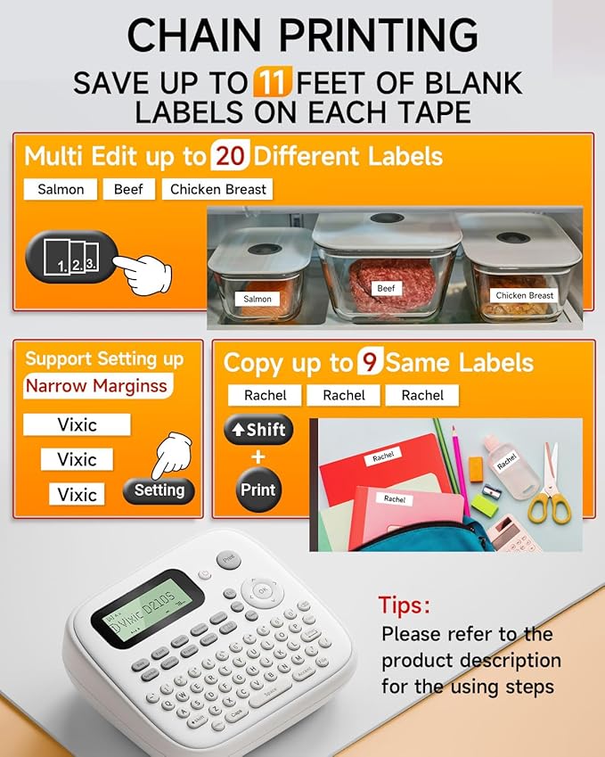 Vixic Label Maker Machine, D210S Label Maker Machine with Tapes Waterproof, Handheld Label Machine with Keyboard Powered by USB-C, Labeler with Chain Print Reduce Wastes for Home Office Organization