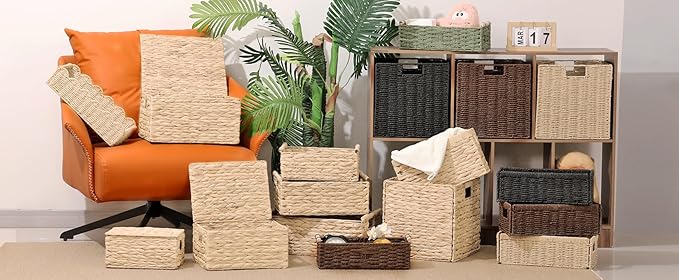 Paper Rope Wicker Baskets with Handles, 2 Pack Storage Basket, Rectangle Wicker Basket, Small Wicke Baskets for Organizing Shelves, Toilet Paper Storage Basket for Bathroom, Brown