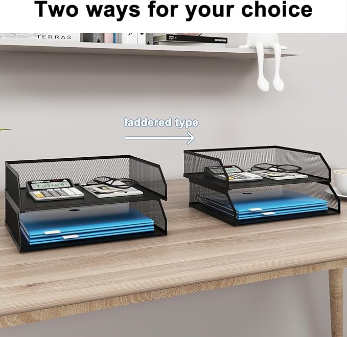 Natwind 2-Tier Stackable Paper Tray, Metal Mesh Desktop Organizer, A4 Desk Organizer, Stackable Letter Trays,File Folder Sorter Organizer with Sliding Tray for Home, Office, School (Black)
