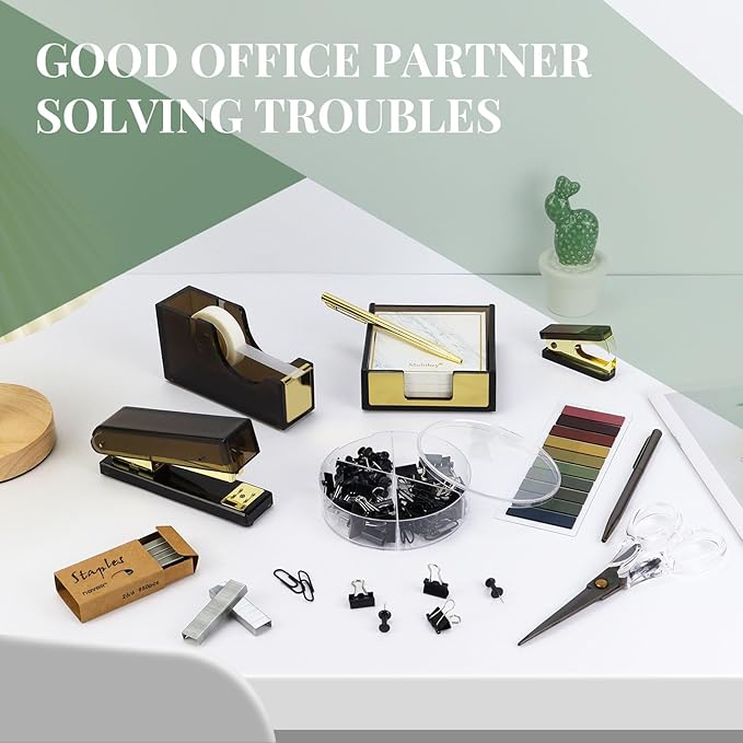 Buqoo Black Acrylic Sticky Notes Holder Stapler and Tape Dispenser Cutter with Staple Remover, Scissor, Ballpoint Pen, Sticky Notes, Paper Clips Set for School Home N Office Supplies