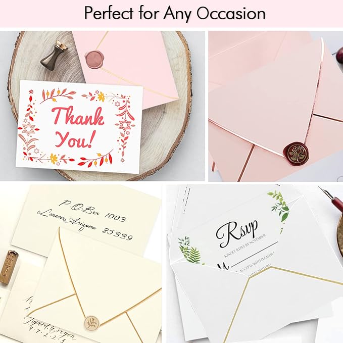A7 Pink Envelopes 50 Pack 5 x 7 - V flap, Quick Self Seal, With Gold Border, For 5x7 Cards| Perfect for Weddings, Invitations, Photos, Graduation, Baby Shower|Thick Luxury Paper (Pink-golden border)