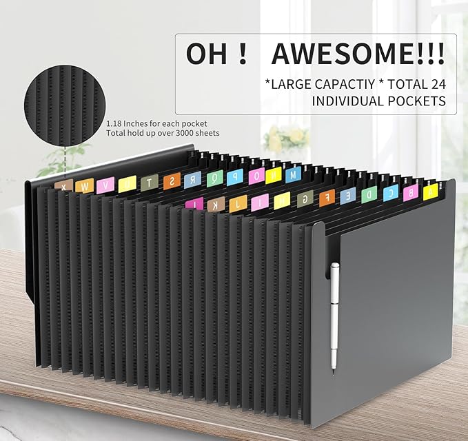 24 Pockets Expanding File Folder,Accordion File Organizer,Document Organizer Letter Size,Expandable Filing Box,Special Designed for Portable Use,Accordian Folders,Plastic (Black)