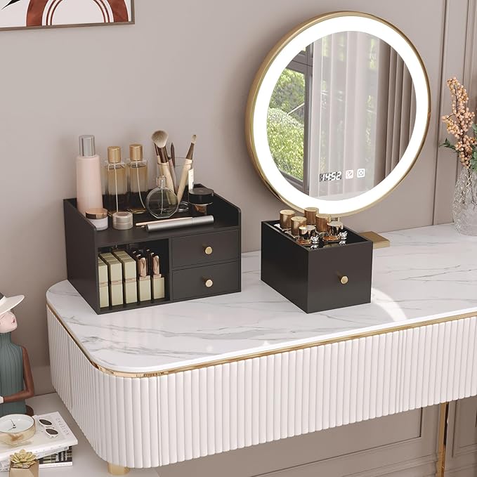 Bamboo Desk Organizer with Drawers Wooden Desktop Storage Organization Box for Bills Office Supplies Kitchen Utensils Organizing Tool for Home Classroom Vanity, No Assembly Required (3 Drawer, Black)