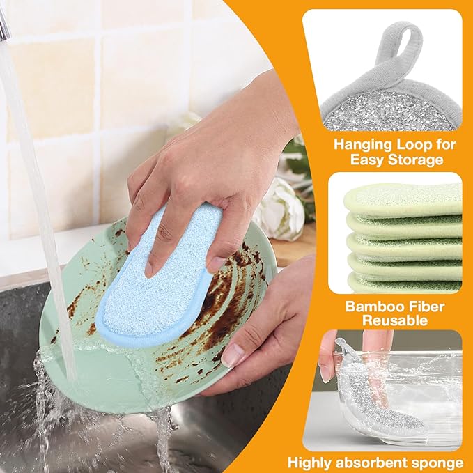 30 Pack Multi-Purpose Scrub Sponges Kitchen, Reusable Dish Sponges, Non-Scratch Microfiber Sponge for Efficiently Cleaning Dishes, Pots and Pans, 3 Colors