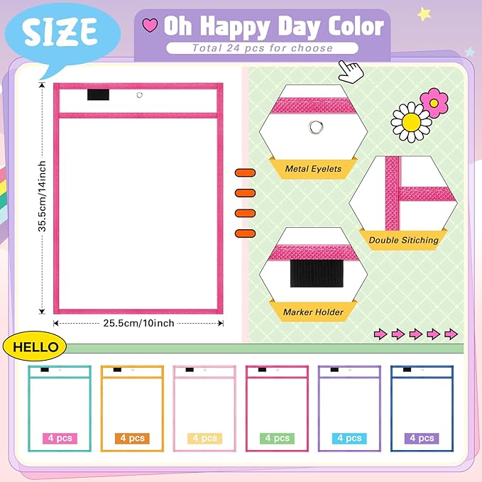 24 Pack Dry Erase Pocket Reusable Sleeves 10" x 14" Clear Plastic Sheet Protectors with Dry Erase Markers and Mini Sleeves Paper Teacher Supplies(Oh Happy Day Color)