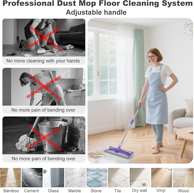 ITTAHO Microfiber Mops for Floor Cleaning ,Wet Dry Flat Mop with Stainless Steel Telescopic Handle,4 Reusable Mop Pads , Dust Mop for Hardwood Floors ,Home,Laminate,Tile,Hardwoods Cleaning (Purple)