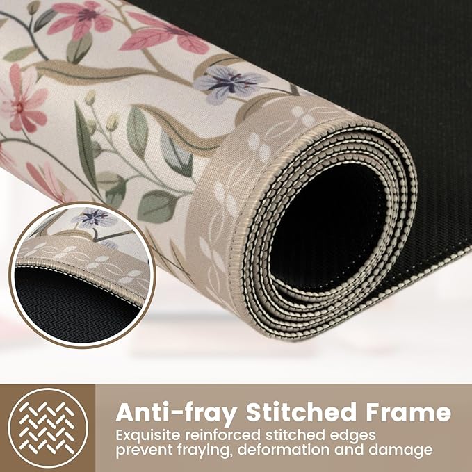 HAOCOO Beige Desk Matt for Desktop, Desk Mat for Keyboard and Mouse, Floral Keyboard Mat with Edge Stitching, Non-Slip Large Mouse Pad for Desk for Gaming,Women Office