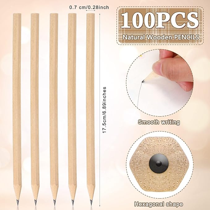 Fumete 100 Pieces Wooden Pencils Bulk No Eraser Hexagonal HB Graphite Unsharpened Natural Wood Pencils Without Erasers Christmas Classroom Gifts for Students Bulk Christmas Goodie Bag Stuffers