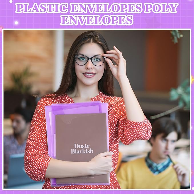 Yeaqee 50 Pcs Plastic Envelopes Poly Envelopes File Folders with Snap Button Closure Clear Folders for Documents US Letter A4 Size Filing Holder with Label Pocket for Home Office School(Purple)