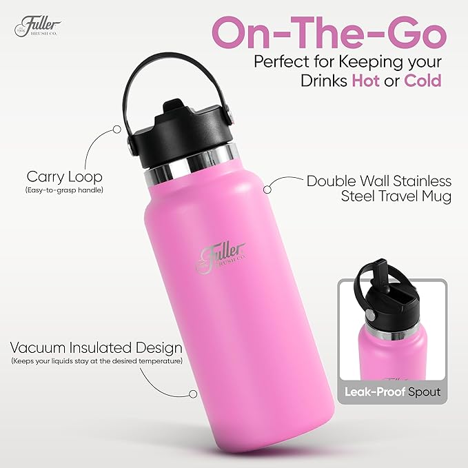 Fuller Stainless Steel Water Bottle with Straw Lid – BPA-Free, Sweat-Proof, Leak-Proof Travel Mug – Double Wall Insulated for Hot & Cold Drinks – Carry Handle (Bright Pink, 32 Oz.)
