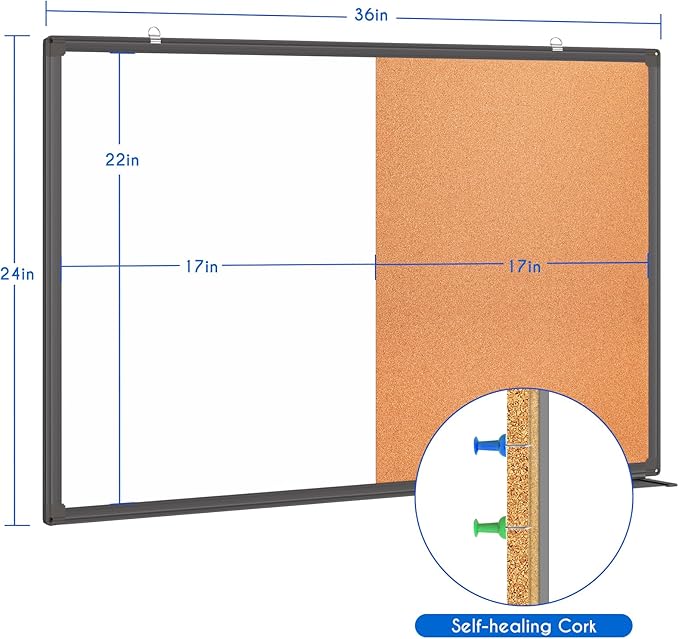 Magnetic White Board and Cork Board Combo, 36 X 24 inches Whiteboard Bulletin Combination Board, Wall Mounted Dry Erase Message Board for Home, School and Office, Black