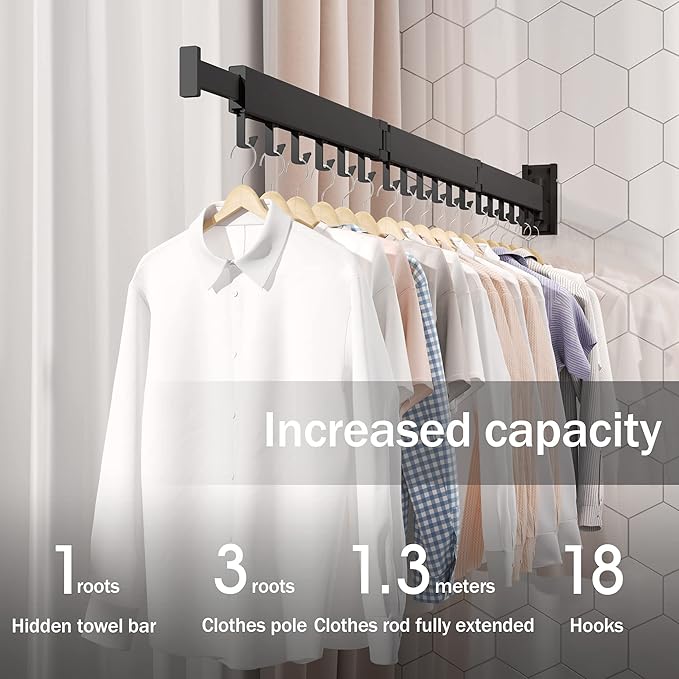 Clothes Drying Rack Wall Mounted,Extending Laundry Rack Wall Mount,Collapsible Drying Racks for Laundry,Clothes Racks for Hanging Clothes,Laundry Room Organization