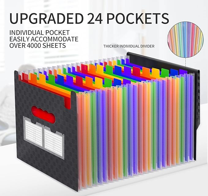 25 Pockets Accordion File Organizer Expanding File Folders,Expandable Document Organizer Plastic Accordian Filing Folder,A4/Letter Size Paper,Portable File Box,2 Tabs, Upgraded Grid Pattern