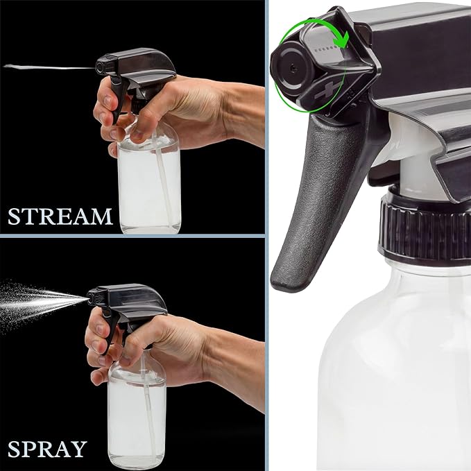Cornucopia Brands 8-Ounce Clear Glass Spray Bottles (2-Pack); Boston Round Bottles w/ 3-Setting Adjustable Black Heavy Duty Sprayers & Chalk Labels
