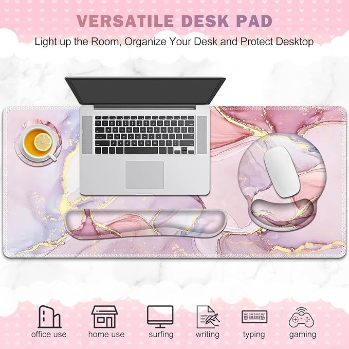 ToLuLu Desk Mat, XXL Large Mouse Pad Wrist Support Set，4 in1 Gaming Mousepad Desk Pad+ Ergonomic Mouse Pad with Wrist Rest + Keyboard Wrist Rest+Coaster for Home Office Computer, Pink Glitter Marble