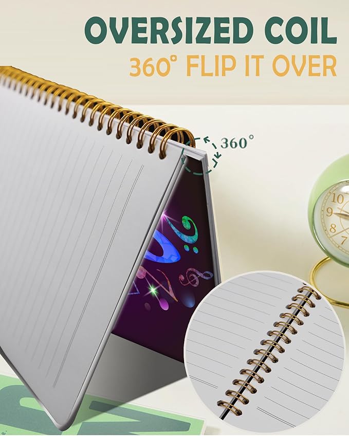 Ruled Spiral Writing Notebook,A5 Hardcover Lined College Journal for Women,Strong Twin-Wire Binding with Premium Paper,8.4" X 6",Perfect for School,Office,Home(Colorful Purple Music)