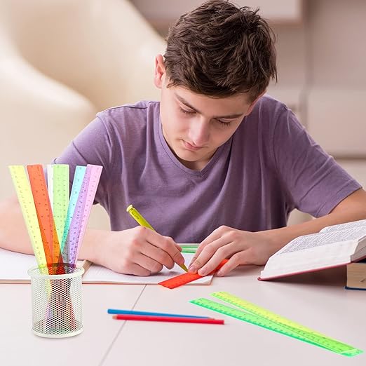 Fumete 600 Pack 12 Inch Plastic Rulers Bulk for Classroom Operation Christmas Supplies Flexible Transparent Assorted Color Ruler with Centimeters and Inches for Office Teacher Student
