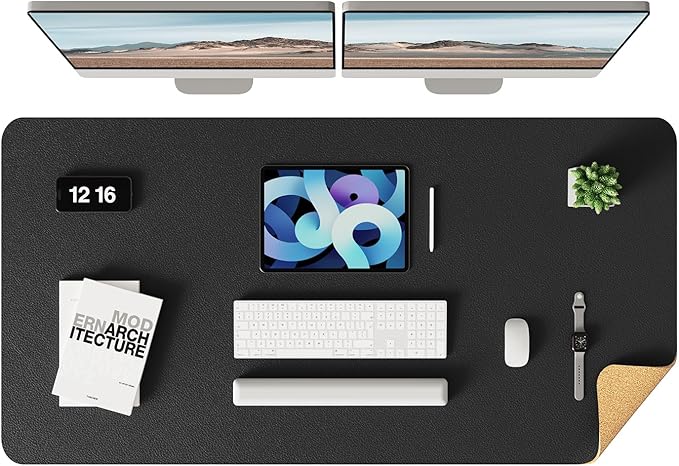 YSAGi Double-Sided Desk Pad, Leather Desk Mat, Eco Cork Desk Pad Protector,Large Mouse Pad,Waterproof Desk Blotter for Office/Home (Black+Cork, 47.2" x 23.6")