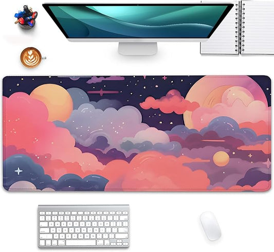 Red Cloud Desk Mat Cute Mouse Pad,Kawaii Anime Large Mousepad with Non-Slip Stitched Edges,Keyboard Mouse Mat Desk Pad for Women Girl Work Office Home(27.5X11.8 in)