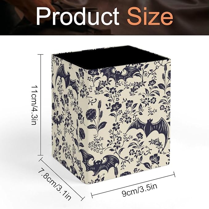 Square Pen Holder & Pencil Organizer for Desk - Office Storage Organizer, Markers/Makeup Brushes/Scissors Holder, Compact Desk Decor Accessories for Home Classroom School(Goth Bats)