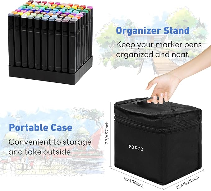 Alcohol Markers Dual Tip - 80+4 Colors Drawing Marker Alcohol Based Markers Set for Adult Kids Coloring Book Art Marker Pens with Carrying Case