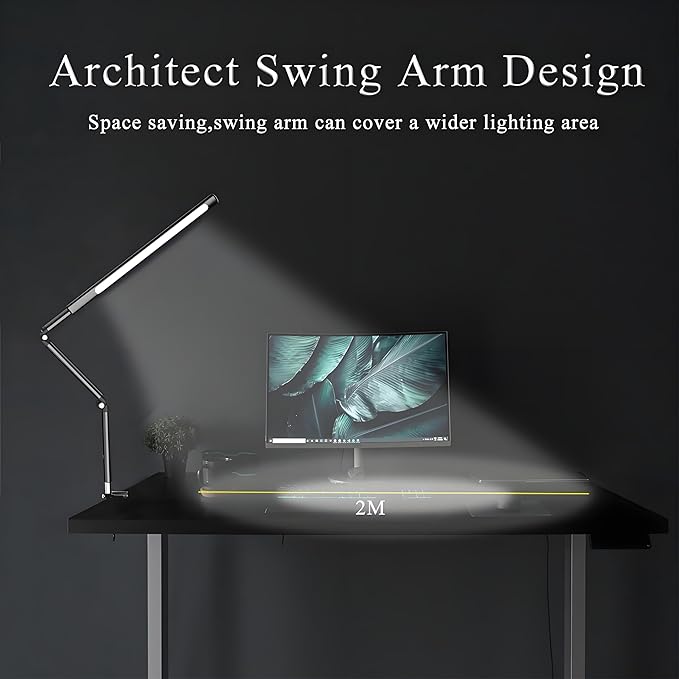 Aluminum LED Desk Lamp with Super Long Arm, Adjustable Nails Light for Desk, Pro Nail Desk Lamp with 2 in 1 clamp, Suitable fo Nail Beauty, Home Office,Workshop,Reading (Matte Black)