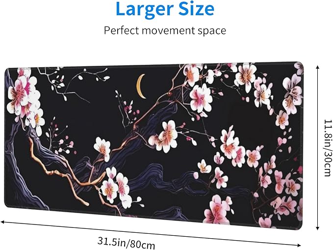 Plum Blossom and Moon Large Mouse Pad, Japanese Flowers Gaming Desk Mat, XL Keyboard Desk Pad Mat for Desktop, 31.5"x11.8" Non-Slip Base Big Mousepad with Stitched Edges