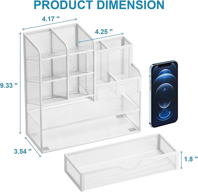 Marbrasse Mesh Pen Holder for Desk, Multi-Functional Pencil Organizer with Drawer, Desk Organizers and Accessories for Office Art Supplies (White)