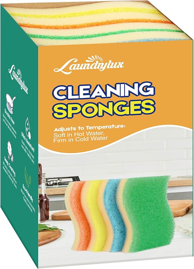 LAUNDRYLUX Scrub Sponge, 8 Pack Dual-Sided Temperature-Responsive Scrubber - Non-Scratch - Multipurpose Dish Sponges for Kitchens, Bathrooms, and Outdoor Use - S Shape