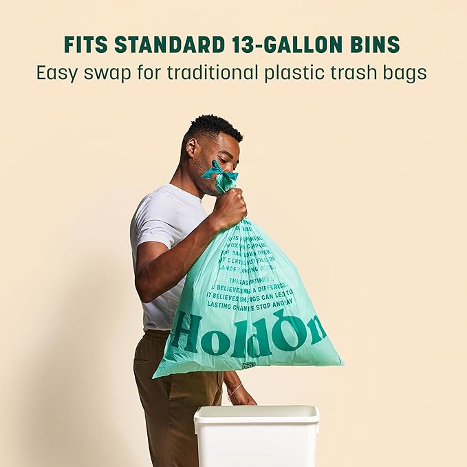 HoldOn Household Staples Set – Heavy duty, PFOA-Free, Compostable 13-Gallon Tall Kitchen Trash Bags, 4-Gallon Small Trash Bags, Gallon ZipSeal Bags and ZipSeal Sandwich Bags