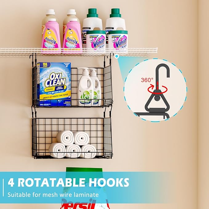 3-Pack Hanging Laundry Room Organizaton (No Shelve Included)：Foldable Laundry Wire Basket with 360°Rotating Hooks Small Space Organization Over Washer and Dryer Shelves, Closet Organizer, Black Patent