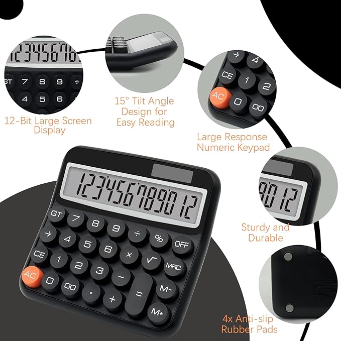 Black Calculator, Big Button Calculator with Large LCD Display, Black Office Desk Accessory for Offices, Schools, Homes and Businesses