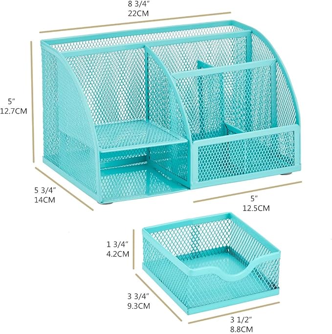 Annova Mesh Desk Organizer Office with 7 Compartments + Drawer/Desk Tidy Candy/Pen Holder/Multifunctional Organizer (Turquoise)