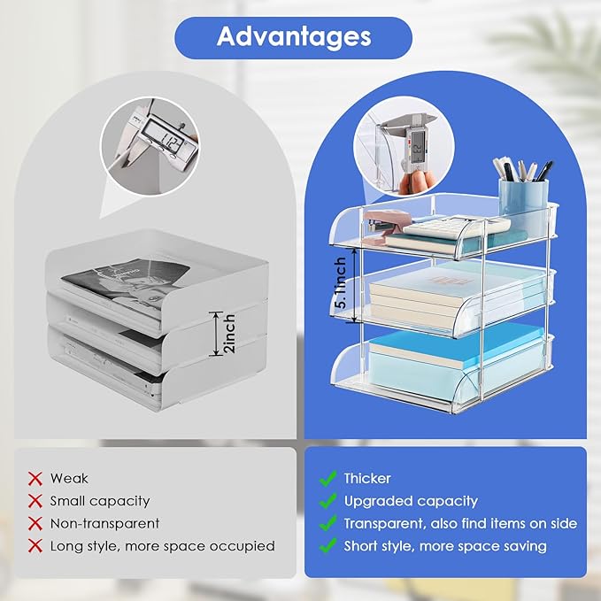 Noger Desk Organizers and Storage, 3 Tier Clear Heightened Desk Organizer, Stackable Paper Tray Organizer for Document, Letter, A4 File Paper, Desk Accessories, Office Supplies (Clear, 3 Pack)