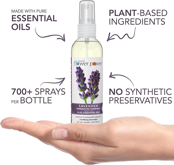 Natural Flower Power Air Freshener Spray - Odor Eliminator w/Essential Oils - Home, Car & Fabric - Cruelty Free & Vegan - Variety Pack - Lavender + Lemongrass + Peppermint & Lemon - 3 x 4 fl oz