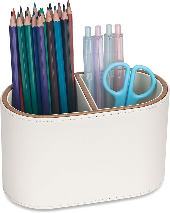 PU Leather Pen Holder, 2-Compartment Pencil Cups, Multifunctional Desk Organizer Desktop Office School Supplies Caddy for Home and Workplace Accessories, Beige
