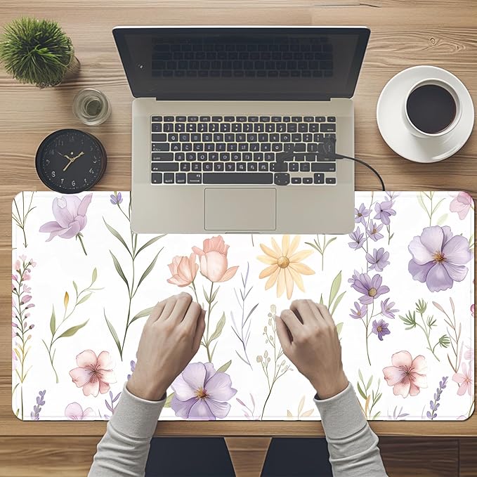 Floral Large Mousepad 31.5 x 15.7 inch, Waterproof Desk Mat Gaming Mouse Pad, Aesthetic Flowers Desktop Mat, Laptop Pad, Computer Writing Mat for Home Office (Purple Pink White A, XX-Large)