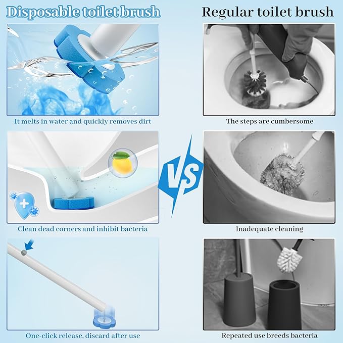 Dexmary Disposable Toilet Brush Set with Holder, Angled Cleaning Wand with 24 Refill Heads, Wall-Mounted Hygienic Toilet Cleaner (Ocean, Lemon, Lavender Scents)