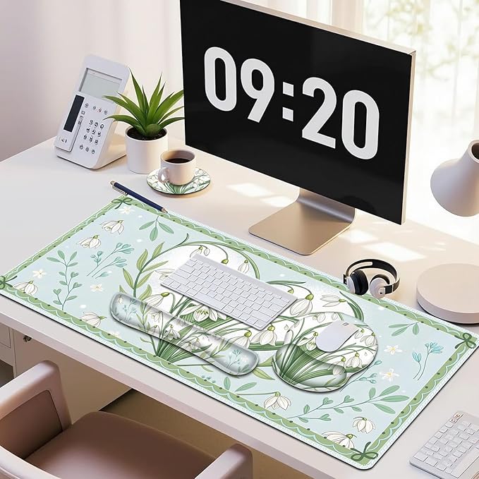 Floral Desk Mat, 4in1 Large Mouse Pad with Wrist Rest, Desk Matt for Desktop, Desk Pad Mat, Anti-Slip XXL Big Computer Ergonomic Mousepad with Wrist Support for Keyboard and Mouse I Green Flower Heart