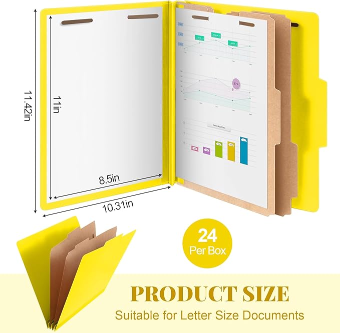 24 Pcs Classification Folders Letter Size Bulk - 2 Dividers Pressboard File Folder with 3. 5 Inch Expansion, 2 Prongs Fastener, Heavy Duty Office File Organizer for Teacher Medical (Yellow)