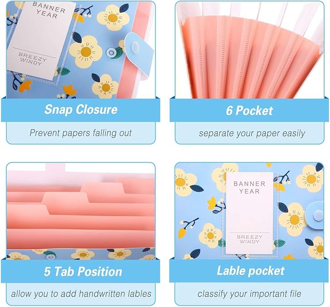 SKYDUE Expanding File Folders with 8 lables, Floral Printed Accordion Document Folder Organizer US Letter Size