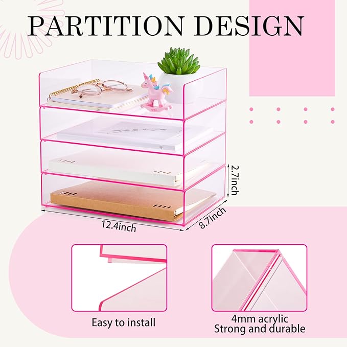 Harloon 4 Tier Acrylic Paper Tray Paper Organizer for Desk Clear File Organizer 12. 4 x 8. 7 x 2. 7 Inches File Tray for Office Workspace Desktop Storage, No Need to Assemble (Transparent Pink)