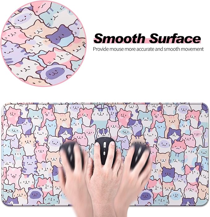 Cute Kawaii Cat Mouse Pad, Gaming Office Home Mousepad, Computer Keyboard and Laptop Desk Mat for Women, Large Extended Non-Slip Rubber Base with Stitched Edges, 31.5x15.7x0.12 in, Pink